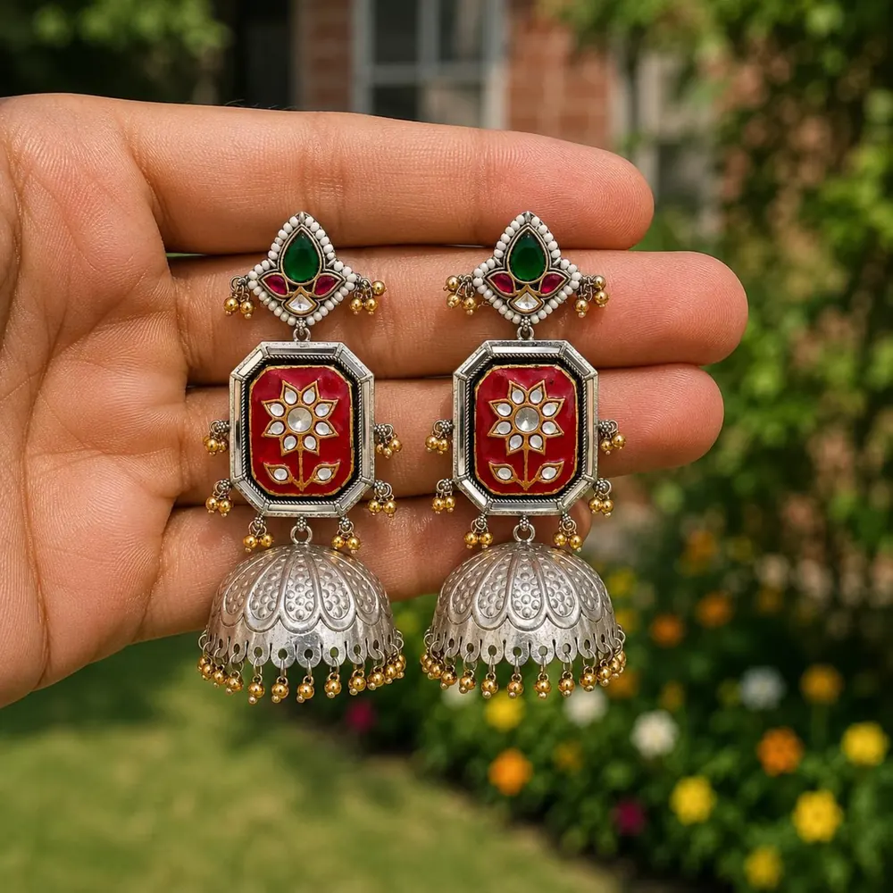Silver-Plated Meenakari Jhumka