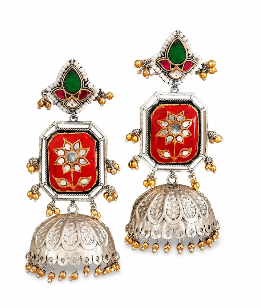 Silver-Plated Meenakari Jhumka view 3