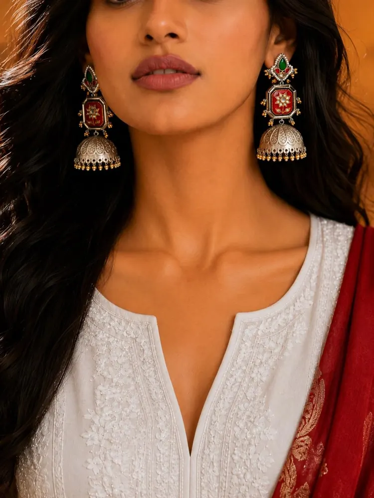 Silver-Plated Meenakari Jhumka view 4